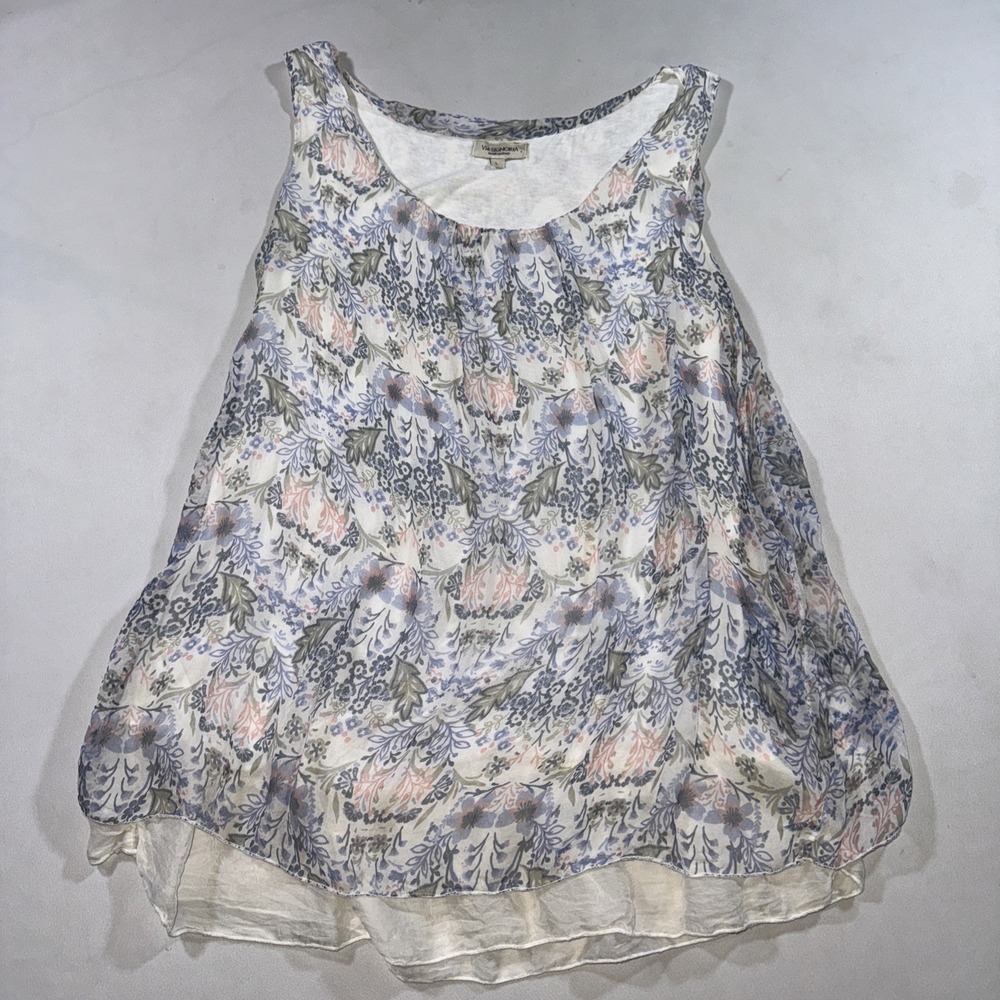 Via Signoria Womens Tunic Top Silk Size L Layered Floral Sleeveless Coastal Boho